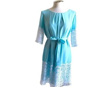 Gianni Bini formal dress, Aqua & white lace trimmed shift dress, lining, size S…
